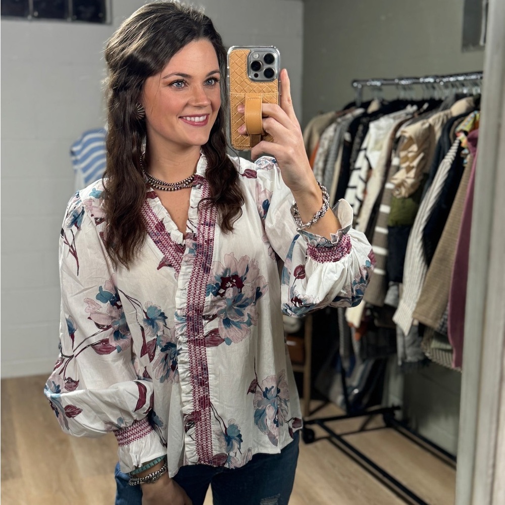 entro White Floral Button-Front Blouse with Mauve Trim